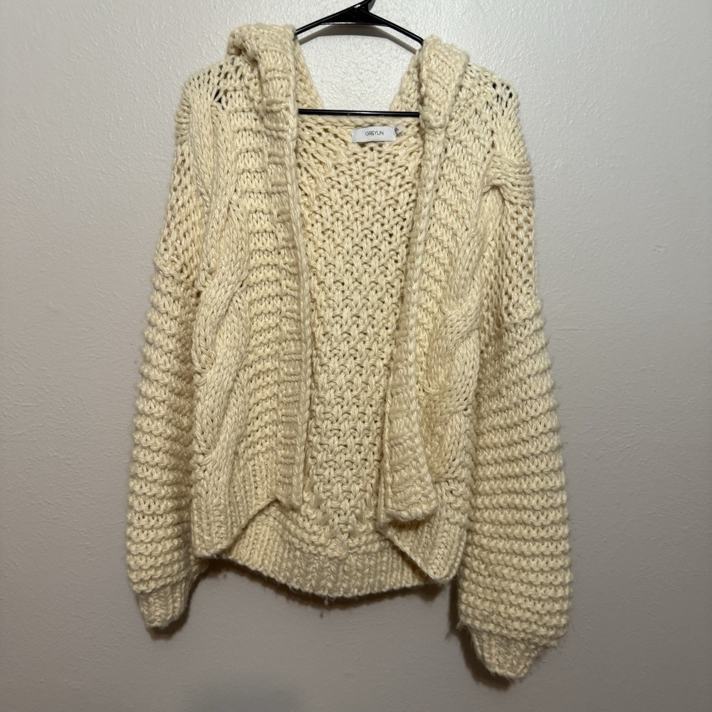 Greylin Anthropologie Chunky Cardigan Sweater With Hood Ivory Small Boho Comfy - Picture 4 of 9